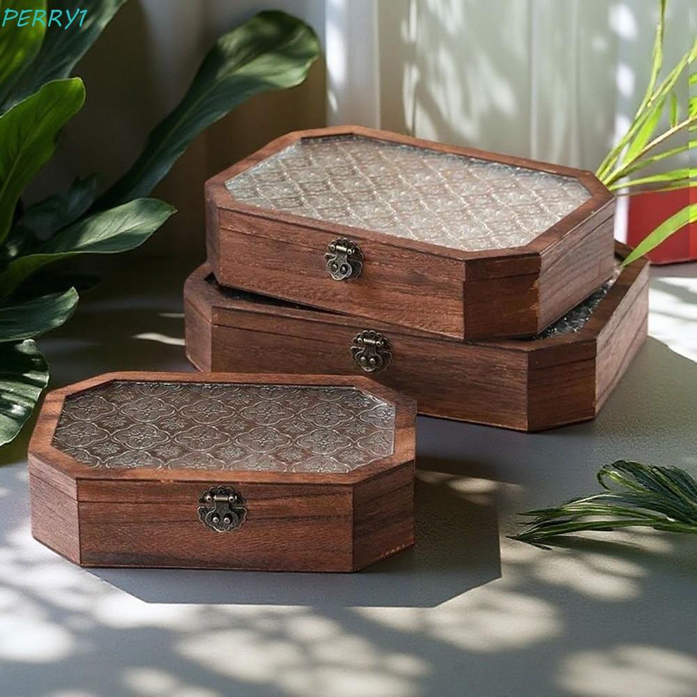 กล่องเก็บของไม้ PERRY, กล่องเครื่องประดับฝาพับวินเทจ, ดอกไม้บีโกเนียตกแต่งสไตล์มินิมอล กระจกกันฝุ่น-กล่องฝา โต๊ะโต๊ะเครื่องแป้ง