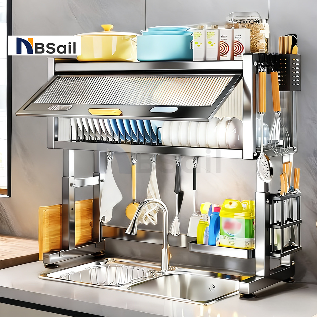 NBSail ชั้นวางจานเหนืออ่างล้างจานแบบมีตู้ ทำจากสแตนเลส ปรับความสูงได้ บานเปิดปิดได้ แข็งแรง ระบายน้ำได้ดี