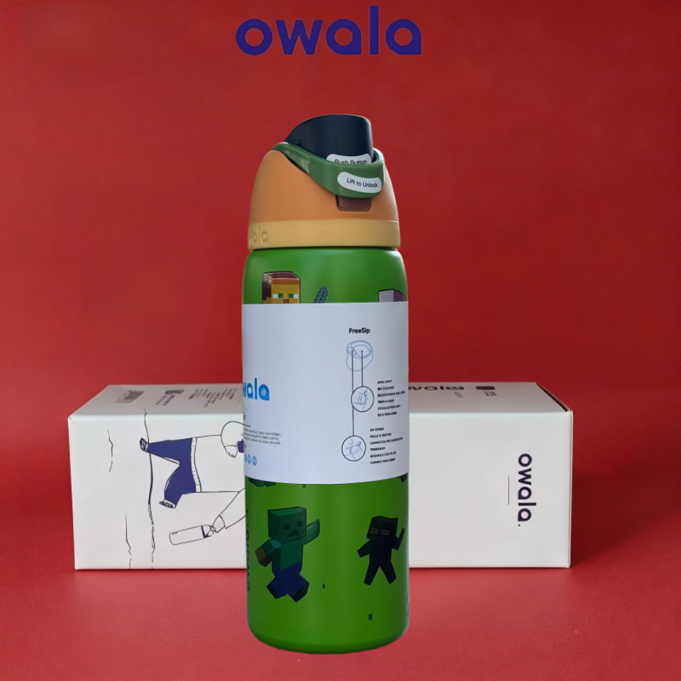 Owala FreeSip x Minecraft 24oz 32oz ขวดน้ํา, ฝาฟาง 2-in-1 ที่จดสิทธิบัตร, สแตนเลสสูญญากาศฉนวนป้องกัน
