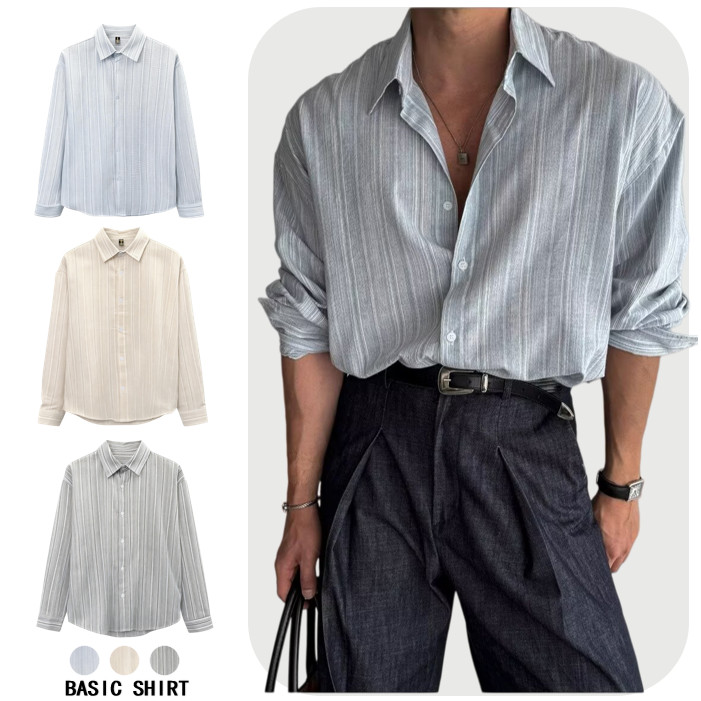 ฤดูใบไม้ผลิฤดูร้อนสไตล์เกาหลีสไตล์ผู้ใหญ่แสงสบายๆไม่ใช่เหล็กลายเสื้อเชิ้ตแขนยาวผู้ชายน้ําหนักเบาแฟชั่นเสื้อหลวม