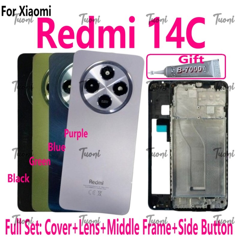 สําหรับ Xiaomi Redmi 14C ฝาหลังแบตเตอรี่พร้อมกระจกเลนส์กรอบกลางพร้อมปุ่มปรับระดับเสียง LCD กรอบด้านหน้า