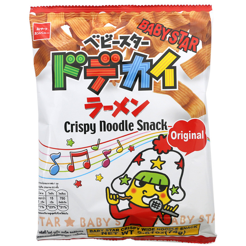 เบบี้สตาร์ขนมอบกรอบบะหมี่เส้นใหญ่ปรุงรสดั้งเดิม 74ก Baby Star Crispy Wide Noodle Snack Original 74g 