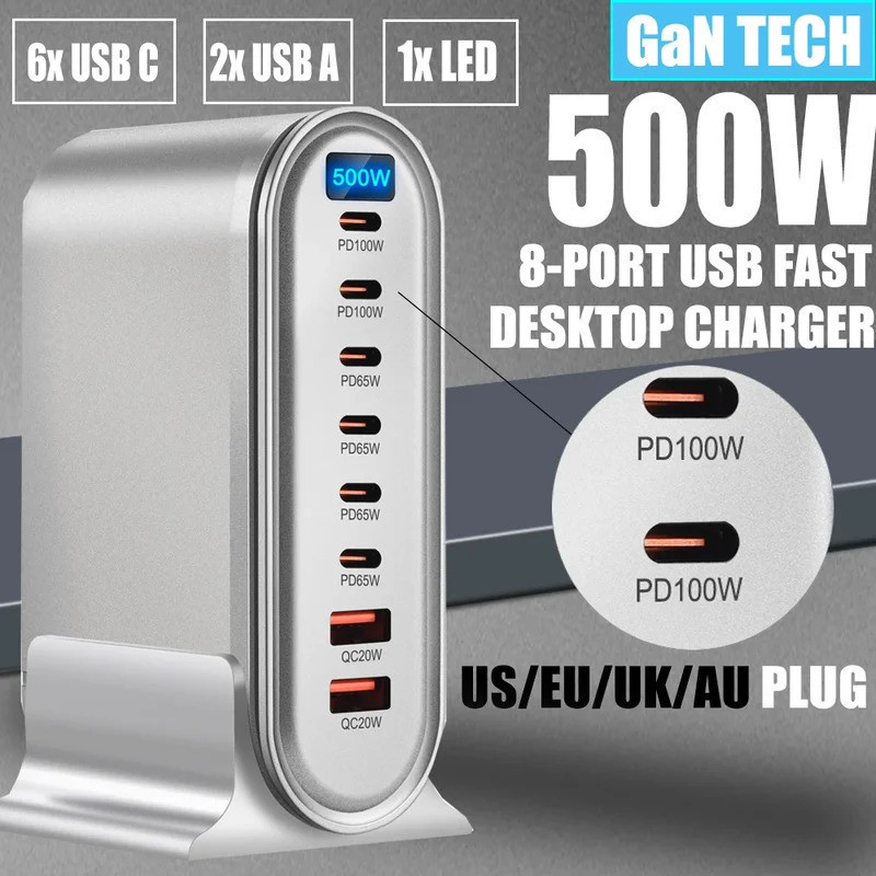 500W หลาย USB Charger Desktop Charger Station PD Charger 65W QC3.0 USB Fast Charging Wall Charger สํ