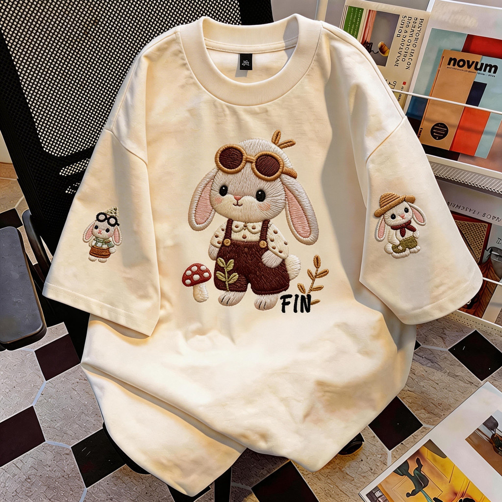 เสื้อยืดโอเวอร์ไซส์ Rabbit2 สไตล์เกาหลี: ผ้านิ่ม ไม่หดตัว ใส่สบายทุกวัน