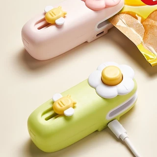 BHQ เครื่องซีลถุงขนาดเล็ก ดีไซน์ดอกไม้การ์ตูน ชาร์จ USB พกพาสะดวก มีแม่เหล็กดูดติดตู้เย็น