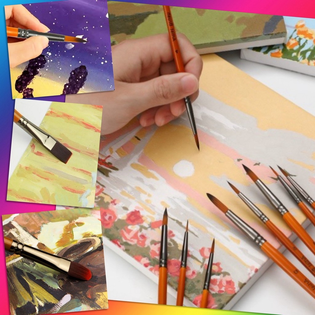 ⚡ พู่กัน หัวกลม หัวตัดเฉียง หัวแบนปลายตัด หัวแบนปลายมน 4 แบบ ชุดละ 12 ชิ้น แปรง ทาสี ระบายสี วาดรูป วาดภาพ งานศิลปะ ⚡