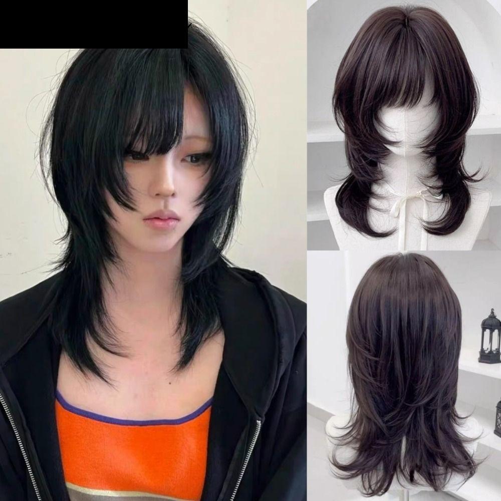 QHENTIN1AE แมงกะพรุนวิกผม Bangs, สังเคราะห์สีน้ําตาลสีดําขนาดกลางตรง Layered วิกผม, เต็มหัวธรรมชาติ 