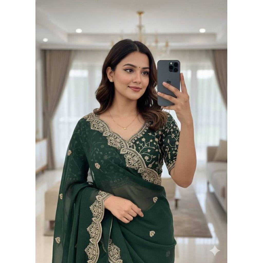 Solid Gold Zari ปัก Georgette Sarees พร้อมชิ้นงานเสื้อ Running