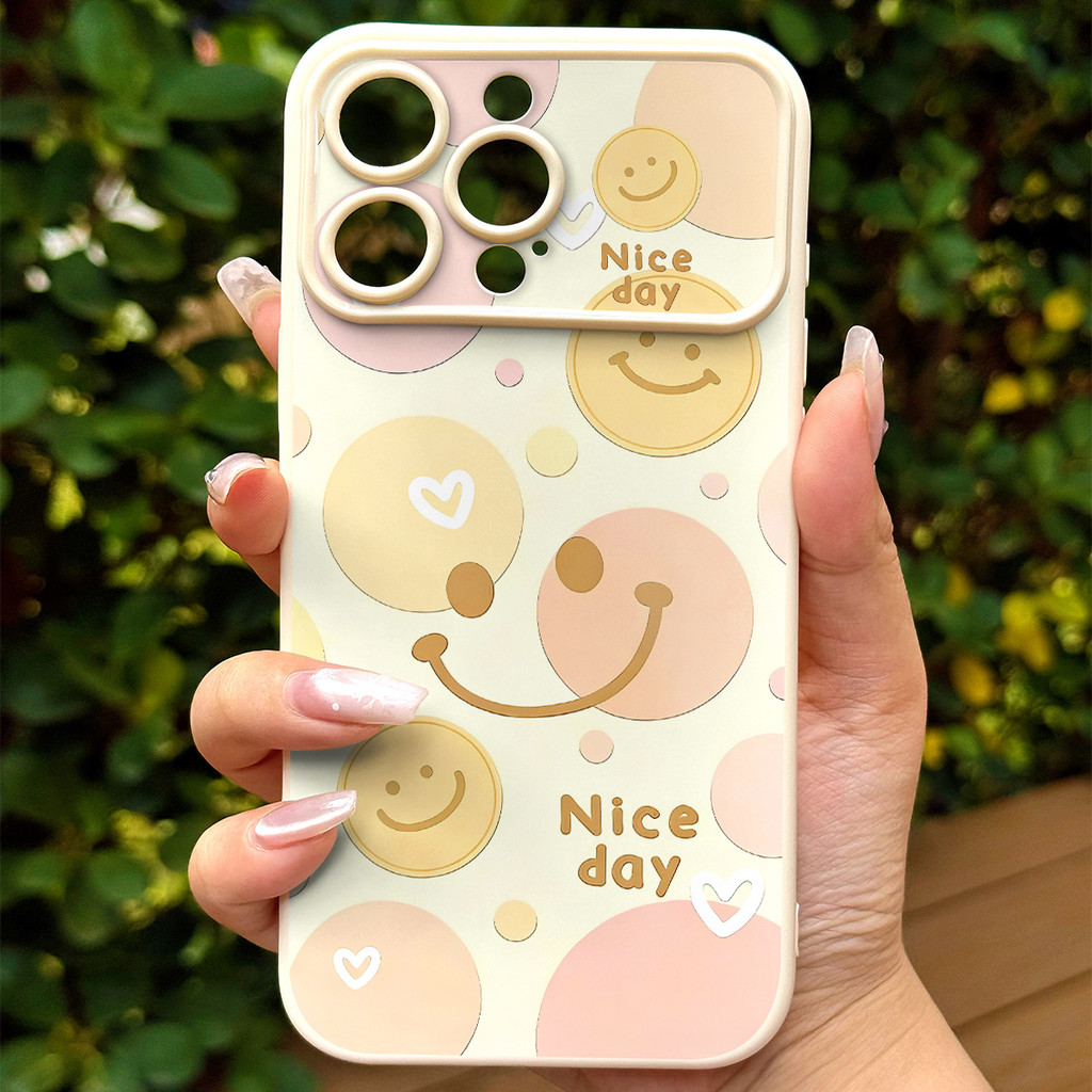 เคสโทรศัพท์ลายหน้ายิ้มสีเหลือง สำหรับ iPhone 13 Pro/11/12 Pro Max/14/15/16/17 ปกป้องเลนส์คุณภาพสูง ก