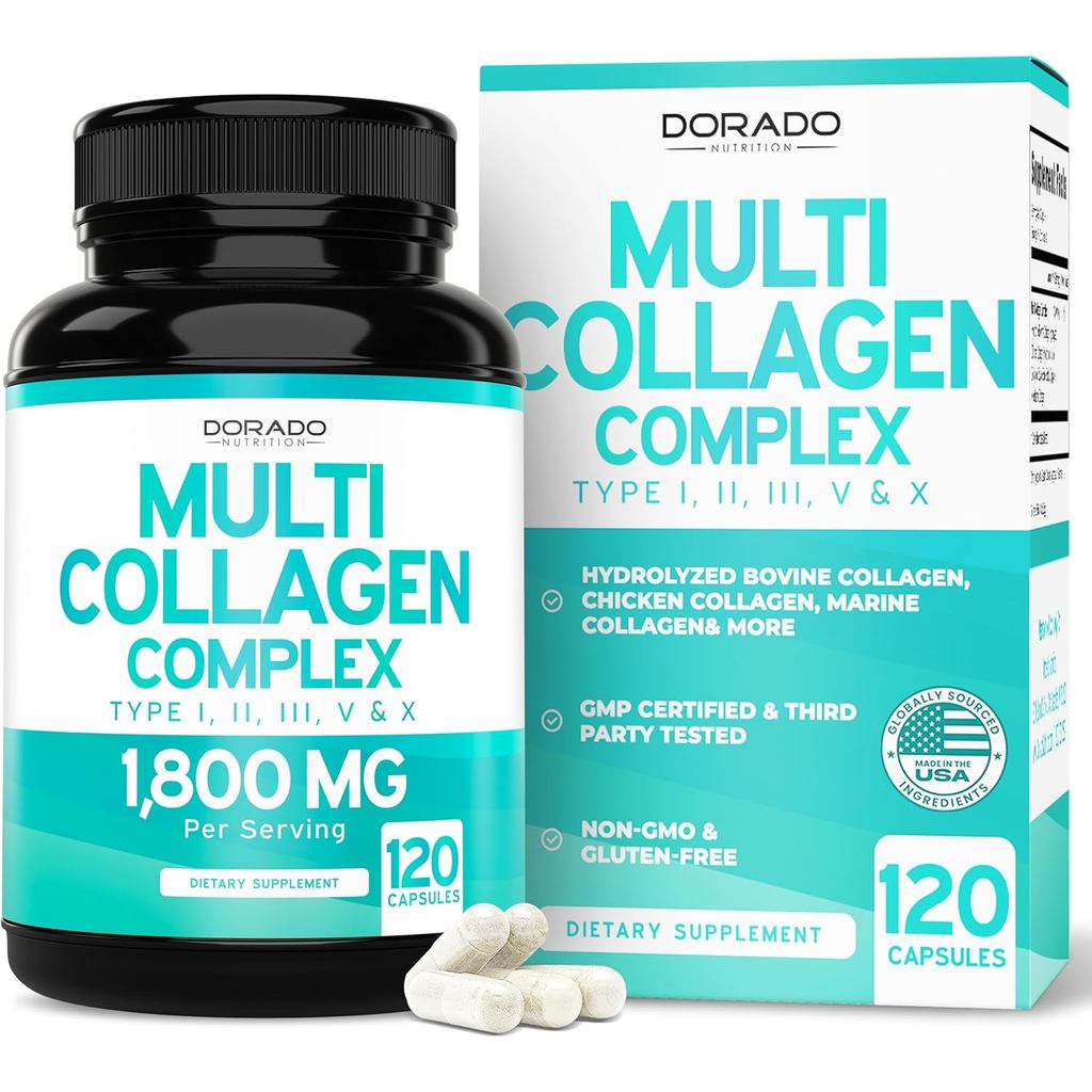 เม็ดหลายคอลลาเจนสําหรับผู้หญิงและผู้ชาย (120 แคปซูล) Type I, II, III, V และ X - เปปไทด์คอลลาเจนไฮโดร