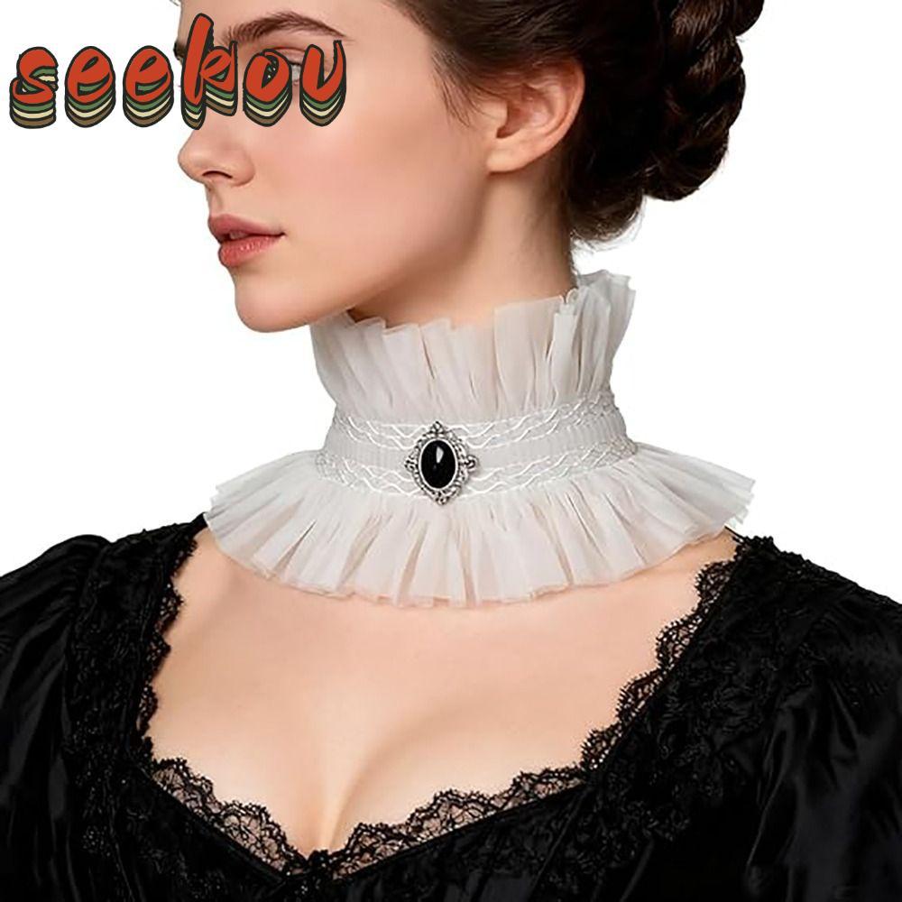 SEKOV Gothic Collar, Ruffle Victorian Style Lace Jabot Collar, เครื่องประดับคอสีดําสีขาวอัญมณีตกแต่ง