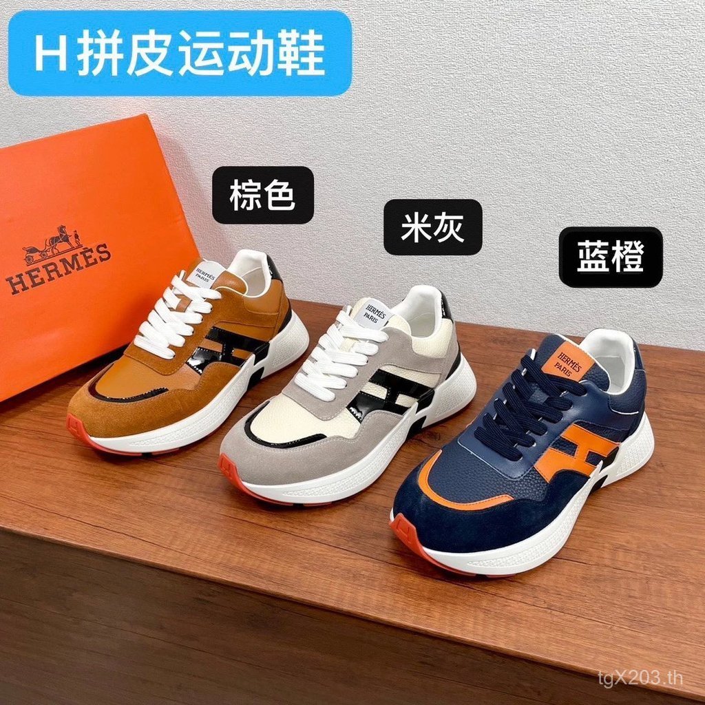 ขายดี สินค้าช่อง 2024 สไตล์ใหม่ HERMES/HERMES Hs รองเท้าผู้ชาย Grained Cowhide และ Suede Stitching D