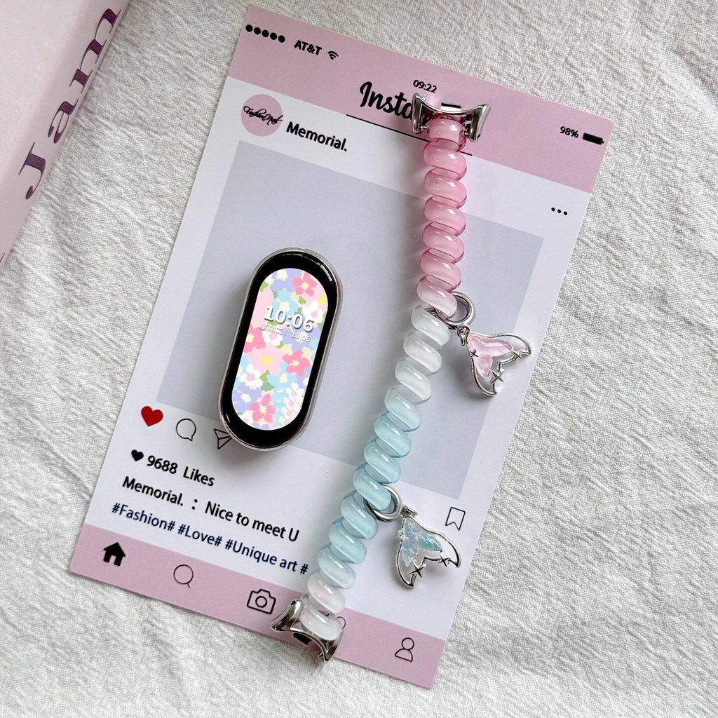 สายรัดผมรูปสายโทรศัพท์น่ารักสำหรับ Xiaomi Mi Band 10/9/8/7/6/5/4/3 รุ่น NFC เซรามิก สายรัดยางยืดแบบเกลียวสำหรับเปลี่ยนสายรัดข้อมือ