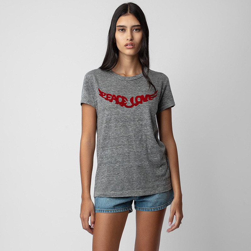 QIHU ZADIG&VOLTAIRE 24Early spring new French niche style women's round-neck short-sleeve top with f