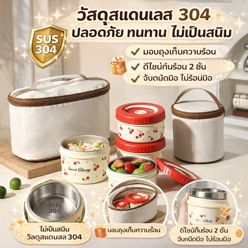 COD กล่องข้าวสเตนเลส 304 ข้าวกล่องไมโครเวฟได้ พร้อมกระเป๋าเก็บความร้อน ลายเชอร์รี่แสนน่ารัก