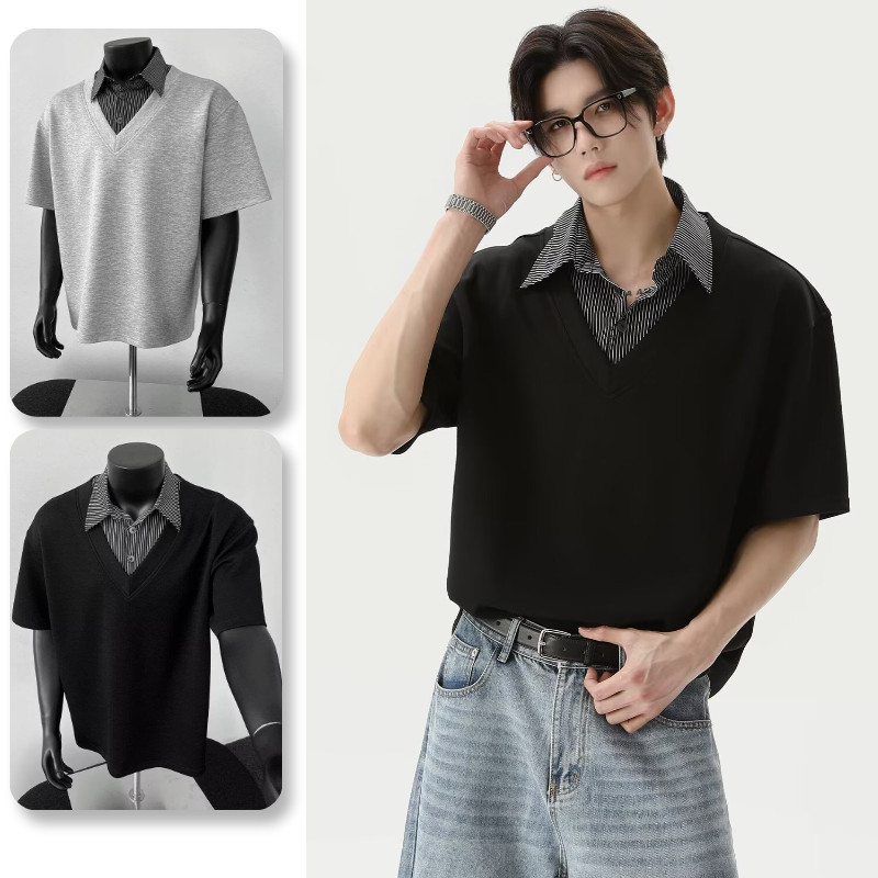 เสื้อโปโลแขนสั้นสำหรับผู้ชาย สไตล์อเมริกันแฟชั่น สวมใส่ง่ายทุกโอกาส