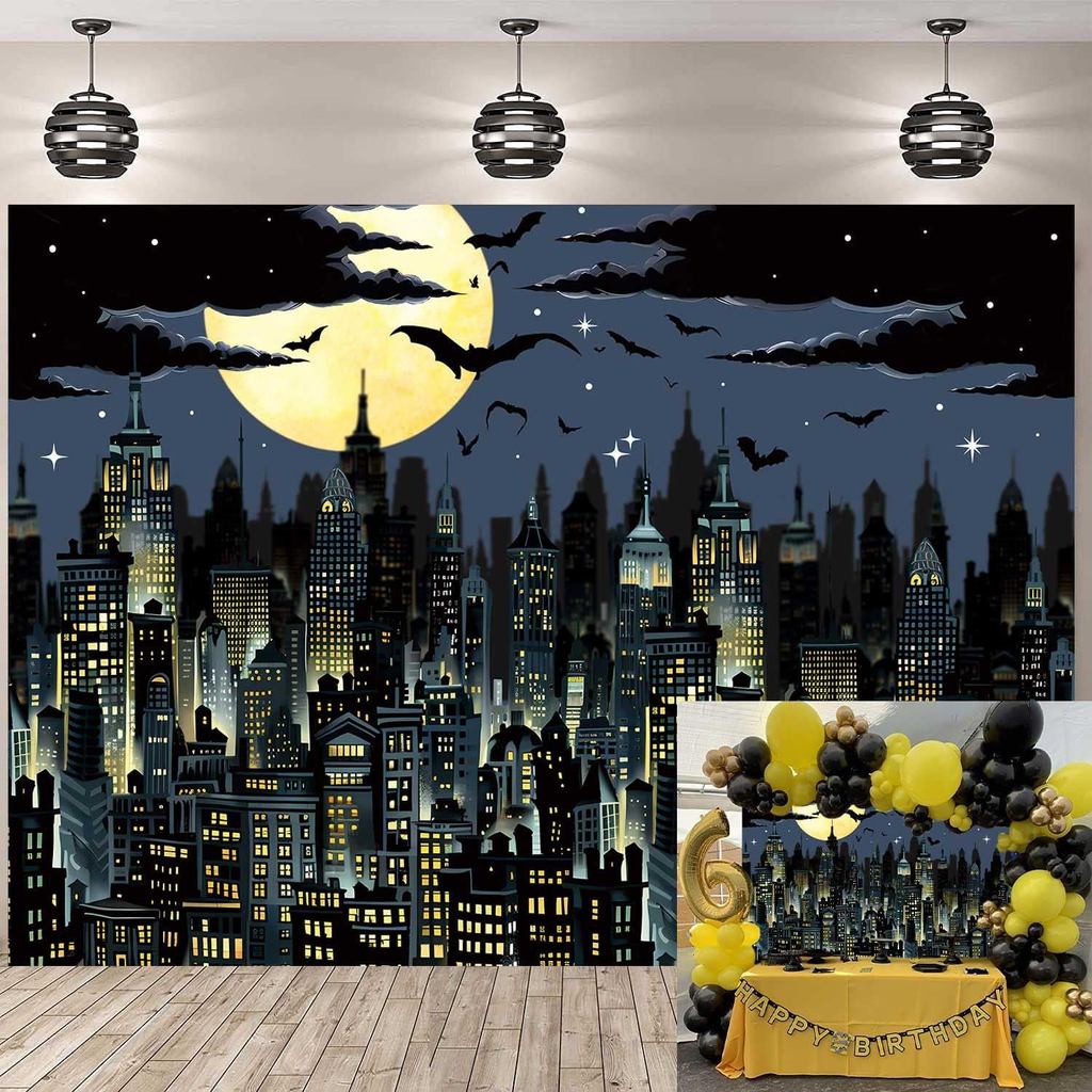 Super City Superhero ฉากหลัง 7x5FT สีเหลือง Full Moon Skyline Cityscape ธีมการถ่ายภาพพื้นหลังเด็กวัน