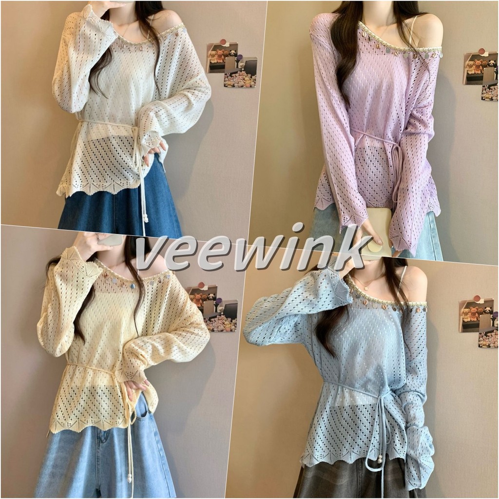 Veewink เสื้อคลุมกันแดดสีเหลือง เนื้อไอซ์ซิลค์ถักลายฉลุ สไตล์โบฮีเมียน สีสันสดใส บางเบา แมทช์ง่าย