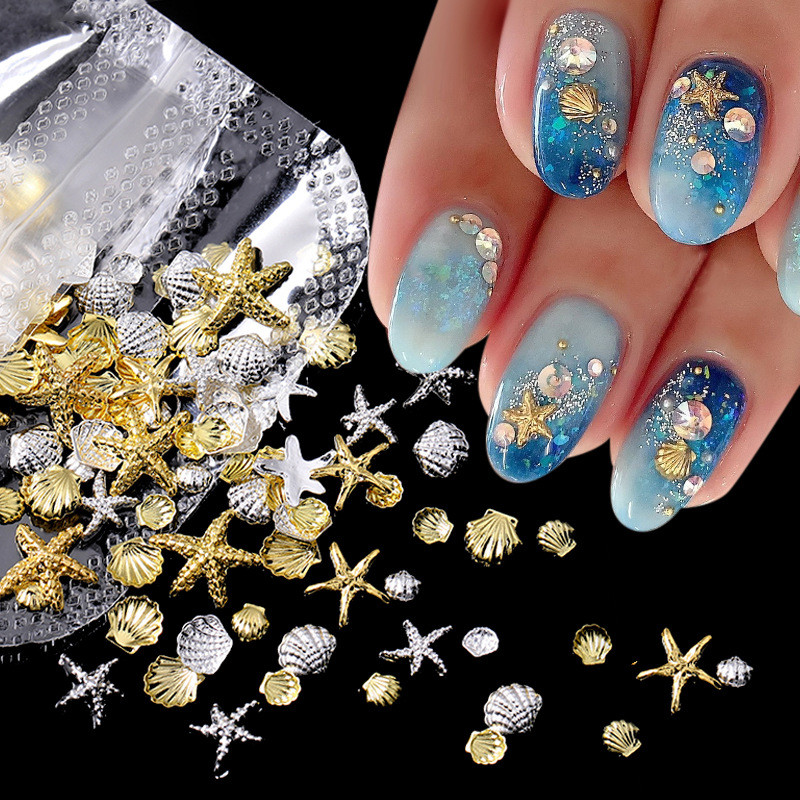 Ocean ปลาดาว เปลือกเล็บ Charm สีทอง สีเงิน 3D Rivet โลหะ Slice อะไหล่ตกแต่งเล็บ Y2K DIY ไม่มีกาว