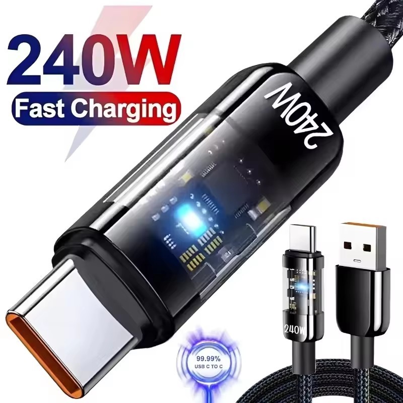 โปร่งใส Light Emitting 240W Super Flash สายชาร์จ - 0.25/1/1.5/2M ไนลอน Antibreak Type C Data Line