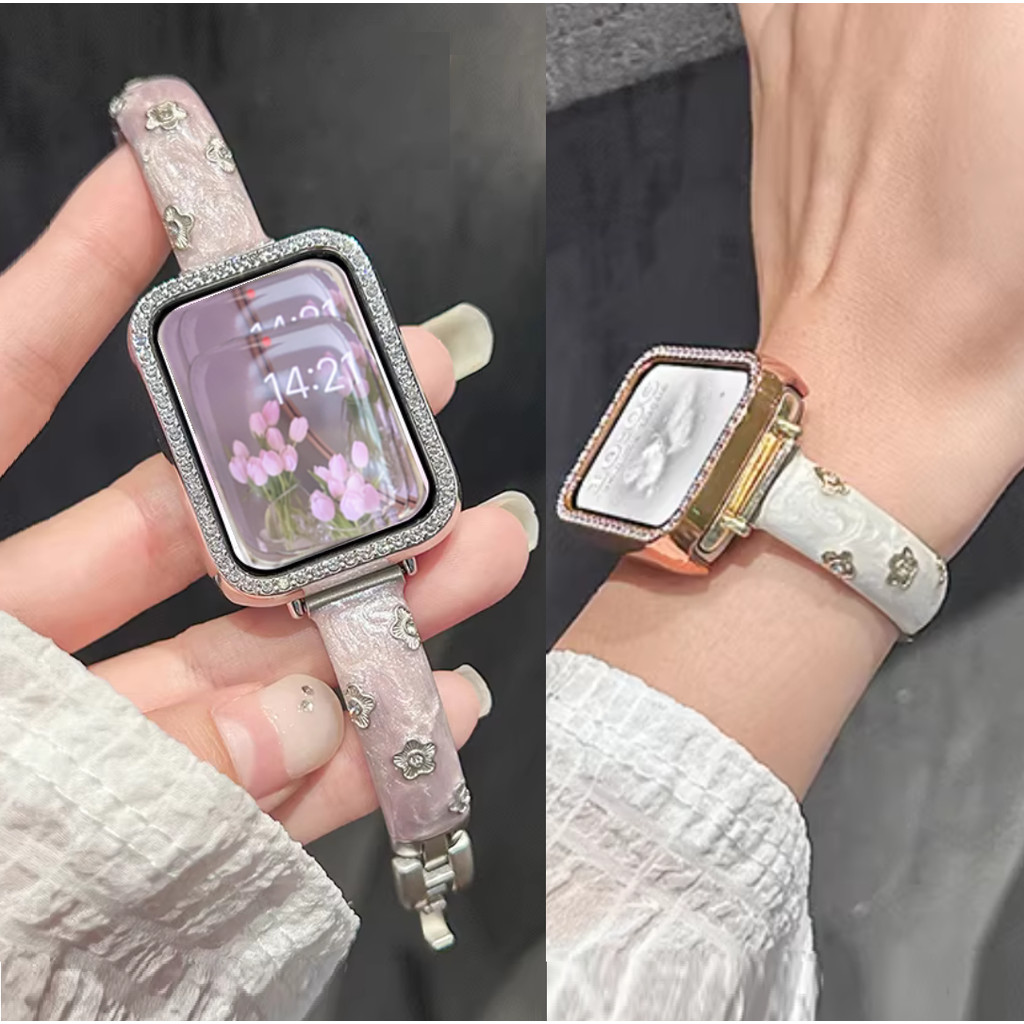 Elegant Flower Strap Case For สาย Huawei Band 11 pro Strap Metal Huawei Band 11 สาย Adjustable Huawei 10/9/8 Bling 11 pro สาย Frame 11 Case PC เคส 10 Case 9 Watchband เคส 10 Strap
