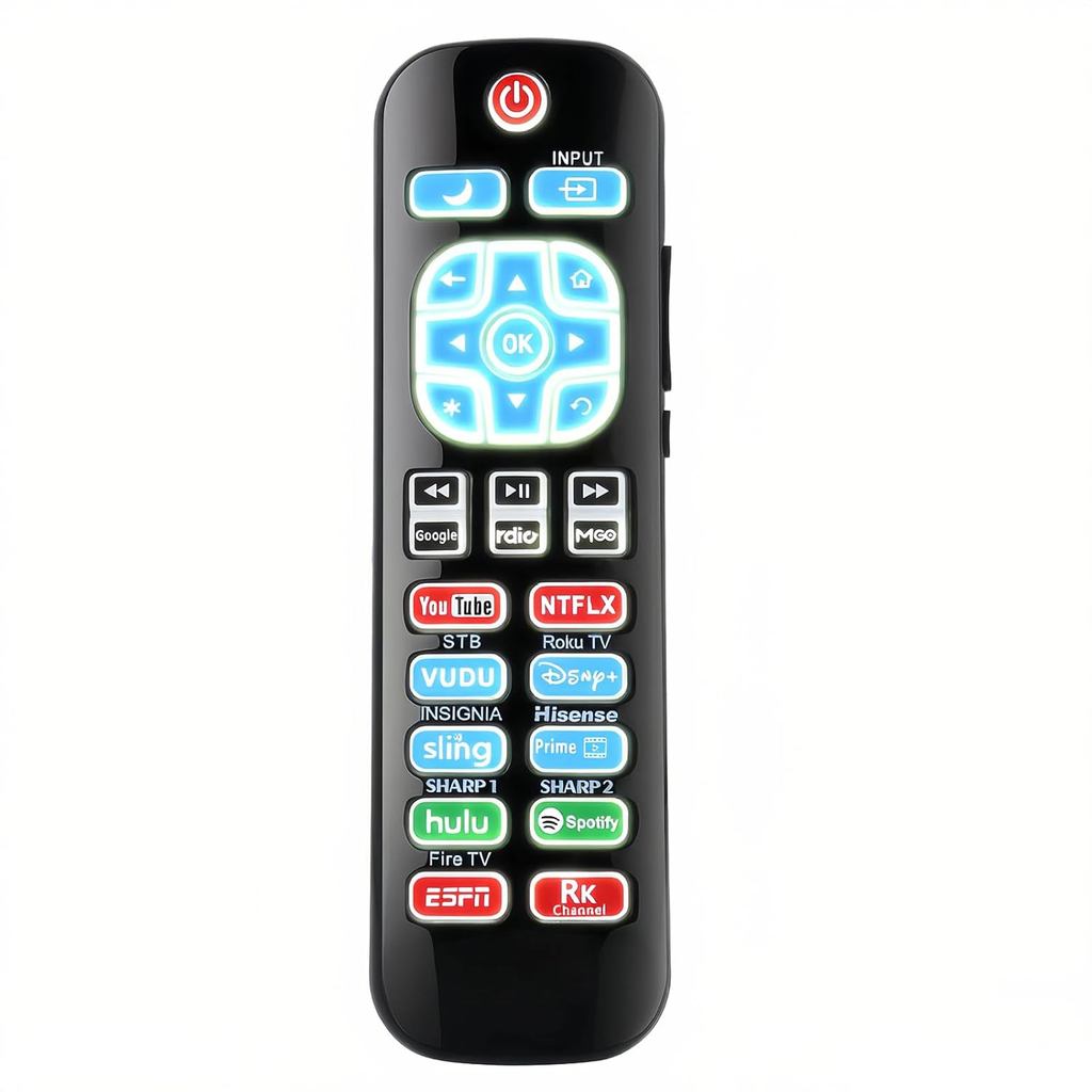 รีโมททดแทนสําหรับ Roku TV & Box (Express, Premiere, Ultra), ปุ่มเรืองแสง, ใช้งานได้กับ TCL, Hisense,