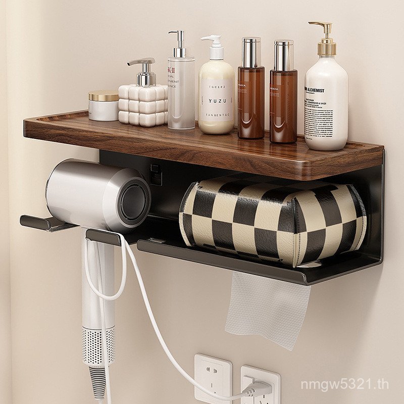 Integrated Shelf Storage ติดผนังห้องน้ํา Face Towel ชั้นวางห้องน้ําเครื่องเป่าผม Walnut Washstand IF