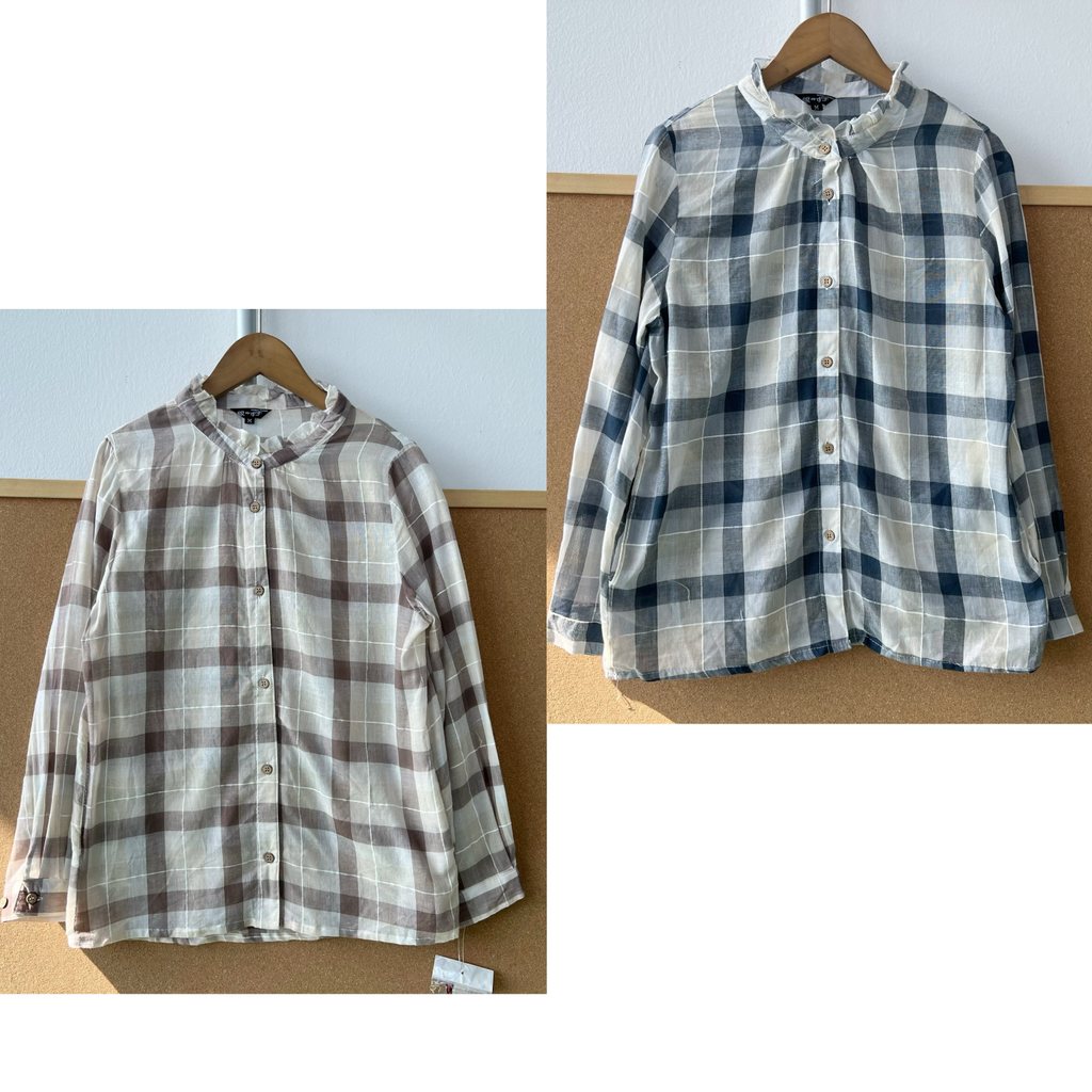 ไปทะเล เสื้อบาง 2V1-42ญี่ปุ่นเดี่ยวไมโครโปร่งใสขนาดเล็กลูกไม้คอปกอารมณ์สดใสลายสก๊อตขนาดใหญ่บางแมทช์ง