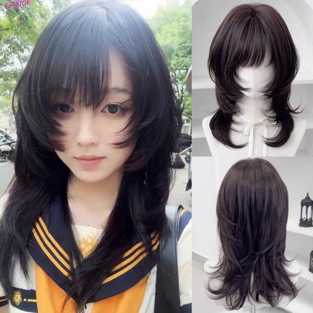 LANCE แมงกะพรุนวิกผม Bangs, สังเคราะห์สีน้ําตาลสีดําขนาดกลางตรง Layered วิกผม, Full Head Hairpiece W