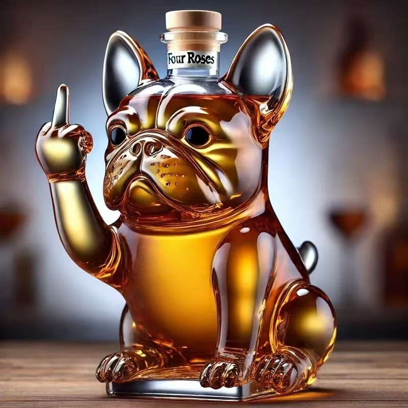 Creative transparent glass French Bulldog-shaped unique sealed wine bottle for soaking wine, whiskey