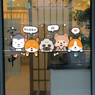 การ์ตูนลูกแมวและลูกสุนัขครัวประตูกระจกสติ๊กเกอร์ตกแต่งร้านค้าหน้าต่างพร้อมป้องกันการชนกันสติกเกอร์แบบคงที่