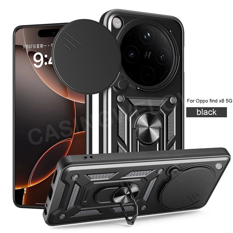 เคสโทรศัพท์สําหรับOppoค้นหาX8 Pro 4G 5G Reno 11 Pro 10 Pro + Reno8 T Pro + Reno7 8 Z 5Gแฟชั่นโลหะเกราะแหวนวงเล็บPushดึงกล้องกันกระแทกป้องกันปลอกปกแข็ง