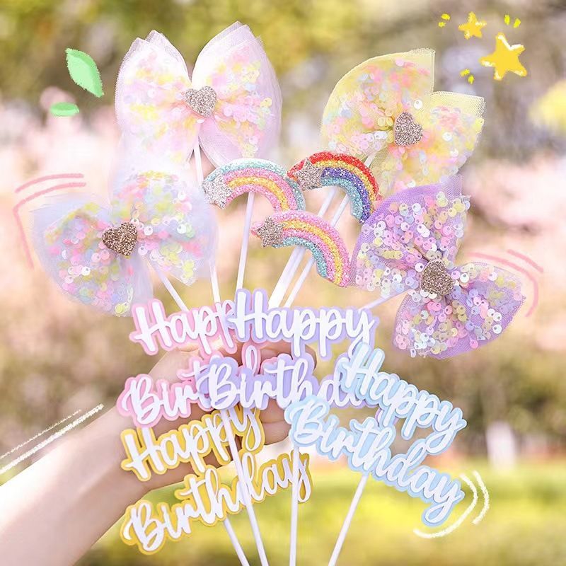 สีชมพูสายรุ้งTulle Bowชุดสุขสันต์วันเกิด: เบเกอรี่ตกแต่งTopper Partyตกแต่งขนมหวานProp