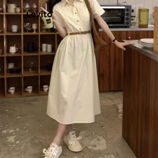 Lovito ชุดเดรสทรงสวย (ไม่มีเข็มขัด) เดรสติดกระดุมเรียบสำหรับ…