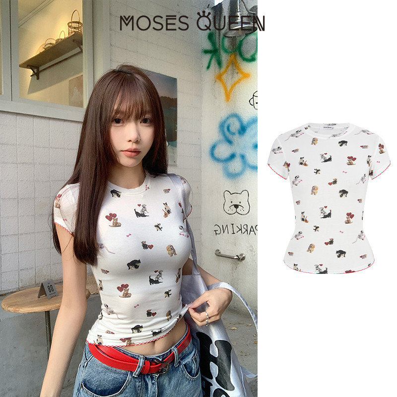 MOSESQUEEN ชุดลูกเรือสำหรับสุภาพสตรียามวันหยุด มีลายการ์ตูนแมวน่ารัก ดีไซน์Slim Fit ระบายอากาศได้ดี เหมาะสวมใส่วันธรรมดาหรือโอกาสพิเศษ #63557+63557-1