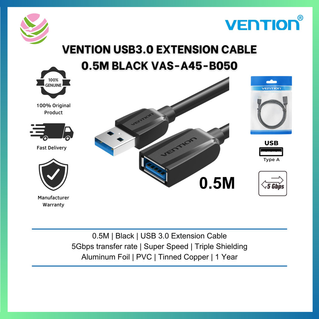 VENTION สายต่อ USB3.0 0.5M สีดํา VAS-A45-B050
