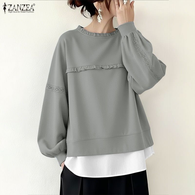 ZANZEA ใส่ ซานเซีย ผู้หญิงเกาหลีฤดูใบไม้ร่วงฤดูหนาวสไตล์ โอ คอโคมไฟแขนไม้หูตัดสีบล็อกเสื้อ — صورة 4