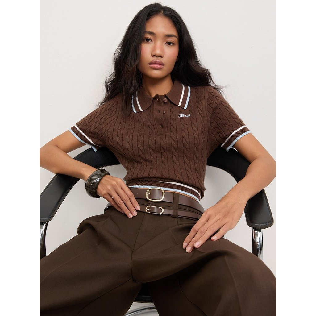 [Pomelo] เสื้อโปโลถักลายนูนทรงครอป / Cable Knitted Cropped Polo