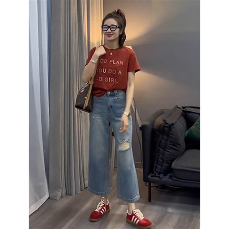 Day Suit 2025 Womens Wear Street Wear Ripped Jeans Loose Wide-Leg Pants Matching Top Short Sleeve t-