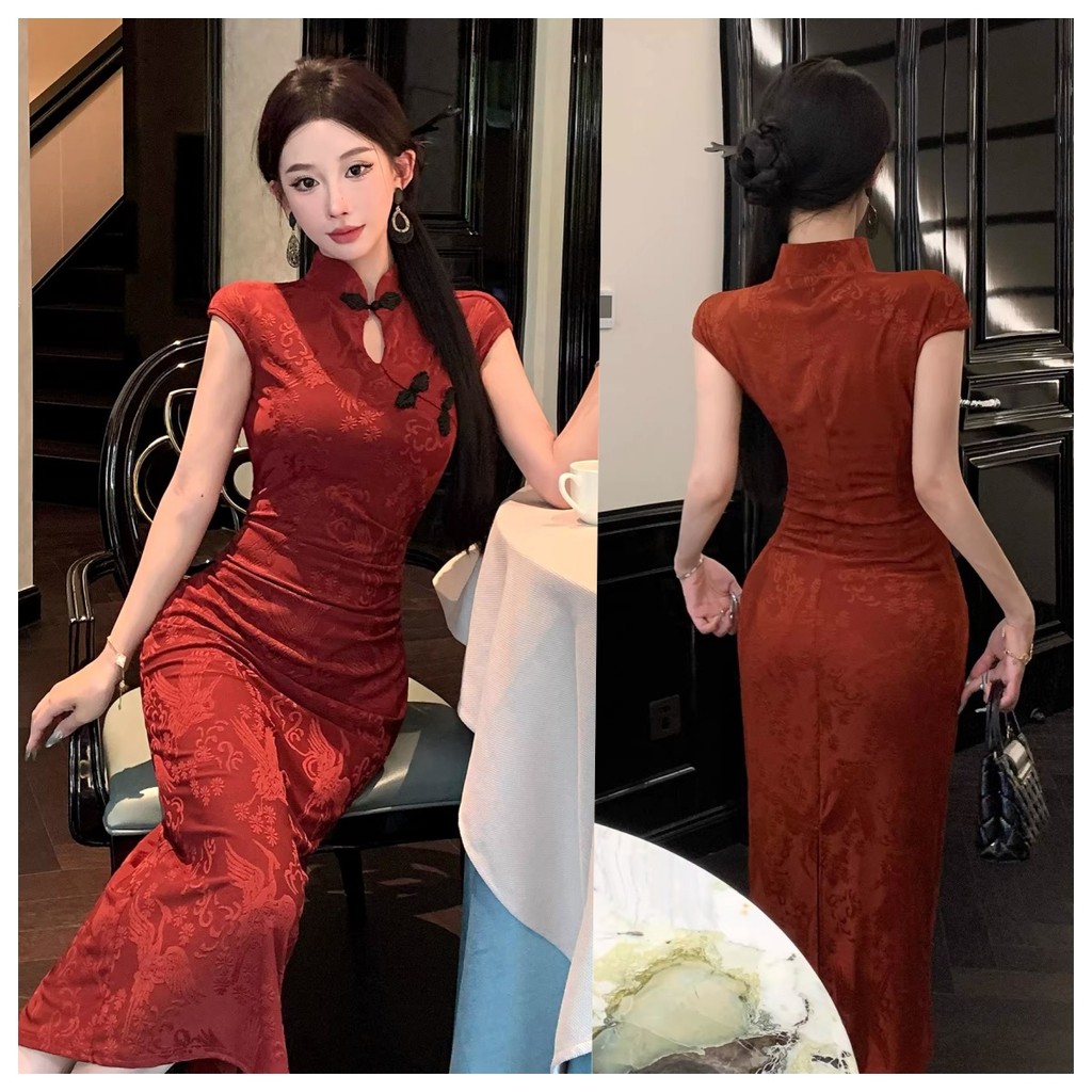 ใหม่สไตล์จีนสีแดงปรับปรุงกี่เพ้าแขนสั้นชุดสำหรับผู้หญิงฤดูร้อนอารมณ์เอวครอบคลุมกระโปรงยาว