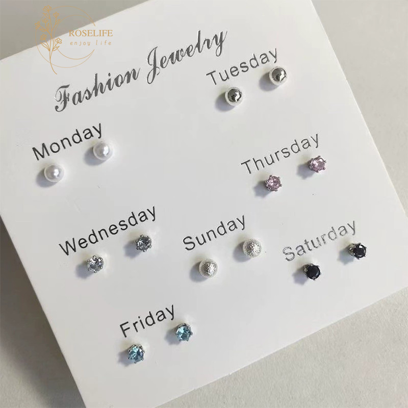 Roselife 14PCS S925 เงิน ชุดต่างหูPearlคริสตัล สวมใส่ง่ายสำหรับผู้หญิงและผู้ชาย พร้อมให้วันของคุณสวยงามขึ้น