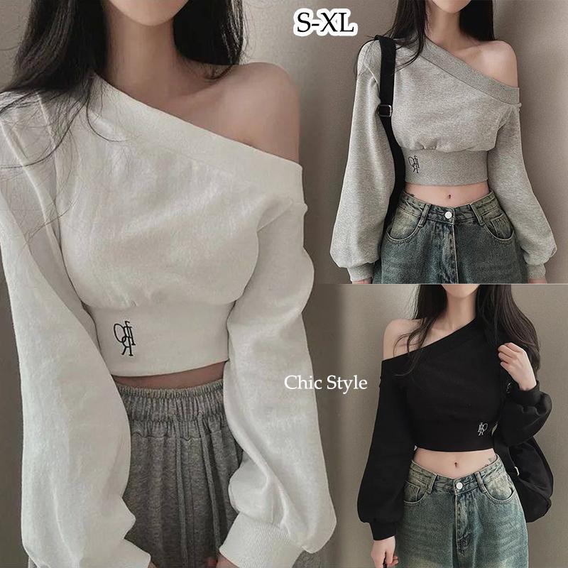 CT#เสื้อยืดเปิดไหล่สำหรับผู้หญิง เสื้อครอปตัวนี้มีเอกลักษณ์เฉพาะตัว โดดเด่นด้วยคอเสื้อแบบไม่สมมาตร#2747