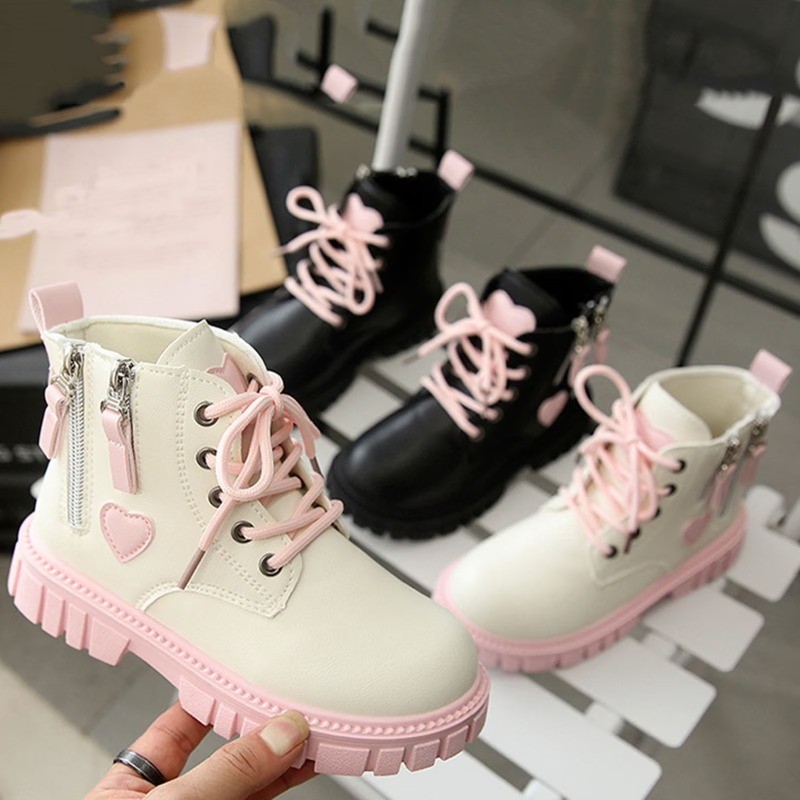 รองเท้าบู๊ตเด็กผู้หญิง ทรง Combat ใส่เชือก-ซิปข้าง พื้นนุ่ม สูงข้อเท้า สำหรับเด็กวัยหัดเดิน-เด็กโต สีดำ 27-35