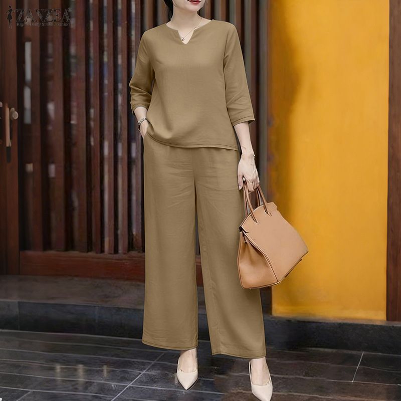 ZANZEA ชุดสำหรับผู้หญิงสไตล์เกาหลี แขน3/4 อายยางยืด ขาทรงกว้าง ชุดสองชิ้นสำหรับใส่วันธรรมดาหรือพักผ่อน ราคา ถูกที่สุด ดีลบีเคเค แกลเลอรีภาพที่ 5