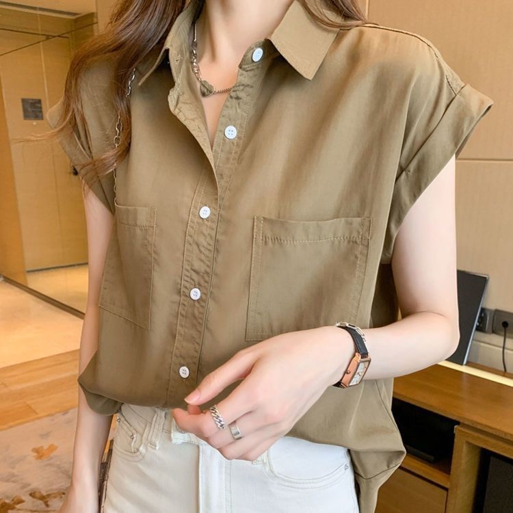 Dahong  💖 เสื้อเชิ้ตแขนกุดคอปก oversize สีพื้น  วัสดุเนื่อผ้าดีน๊าใส่สวยสำหรับสไตล์วินเทจไม่อึดอัดใส่ W589