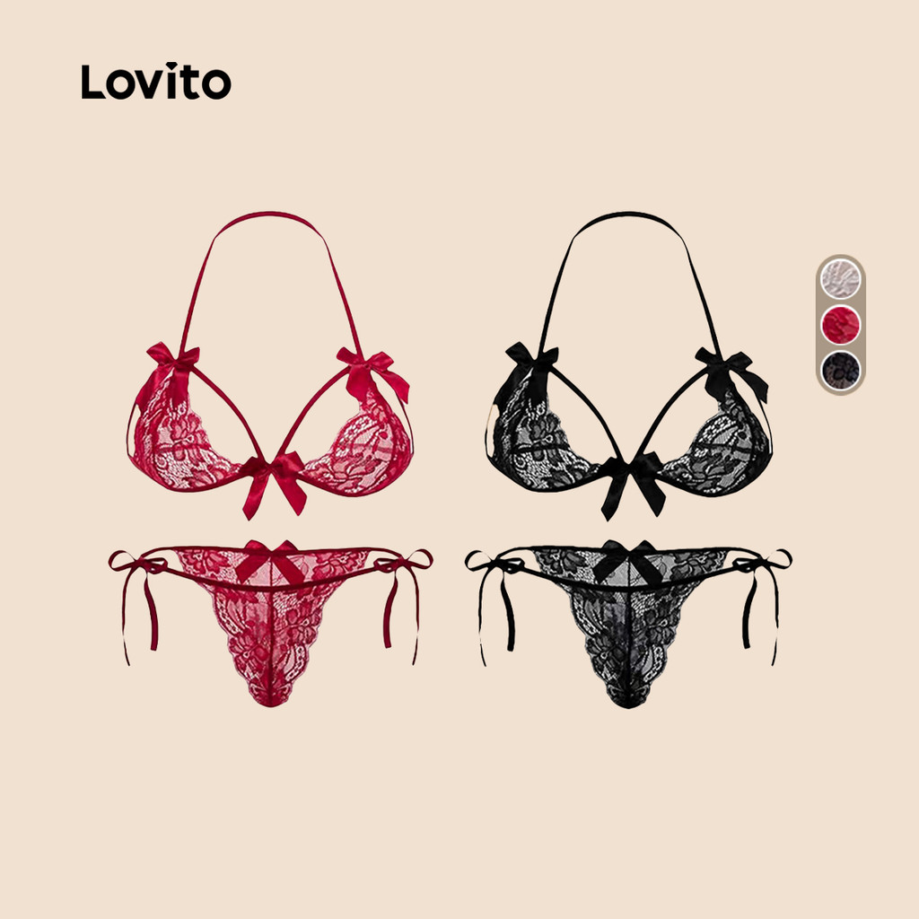 Lovito แคชชวล ชุดชั้นใน 2 ชิ้น ผ้าลูกไม้ มีช่อผูก สีดํา เซ็กซี่ สําหรับผู้หญิง LNE130221