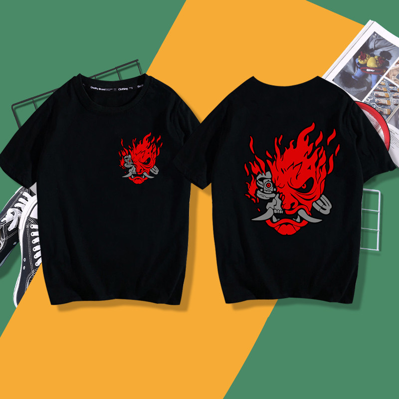 เสื้อยืดแขนสั้นสีดำทรงหลวมพิมพ์ลาย Cyberpunk 2077