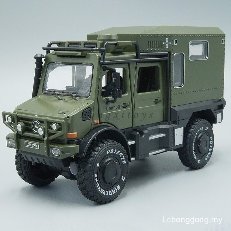 1:28 รถDiecastรุ่นของเล่นMercedes Unimog U5000 RV MotorhomeดึงกลับรถเสียงและแสงG9WJ XNJI 1MQM DRJJ