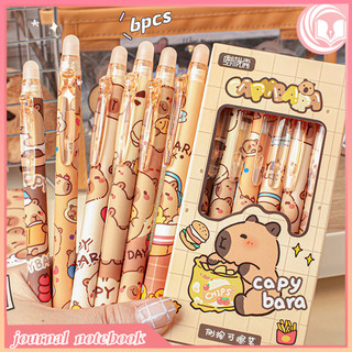 6Pcs Cartoon Capybara Erasable Gel Pen Set Student Large Capacity Erasable Blue Ink Pen Gift