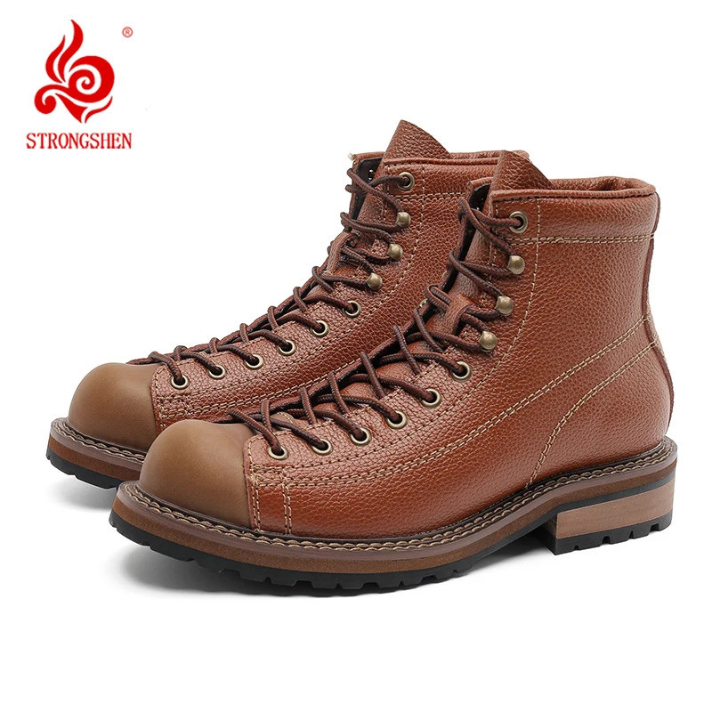 ZH Ready StockMen รองเท้าหนัง Vintage Work High Top สไตล์อังกฤษ ฤดูใบไม้ผลิลื่น Lace Up Platform สําหรับผู้ชาย